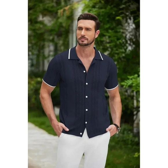 ❤️Men's Blue Button Down Shirt Vintage Short Sleeve Shirts Casual Beach Tops - Picture 2 of 6